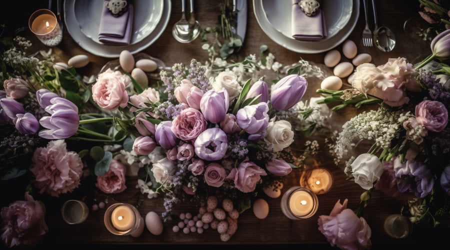 Elegant table with purple floral arrangements and candles