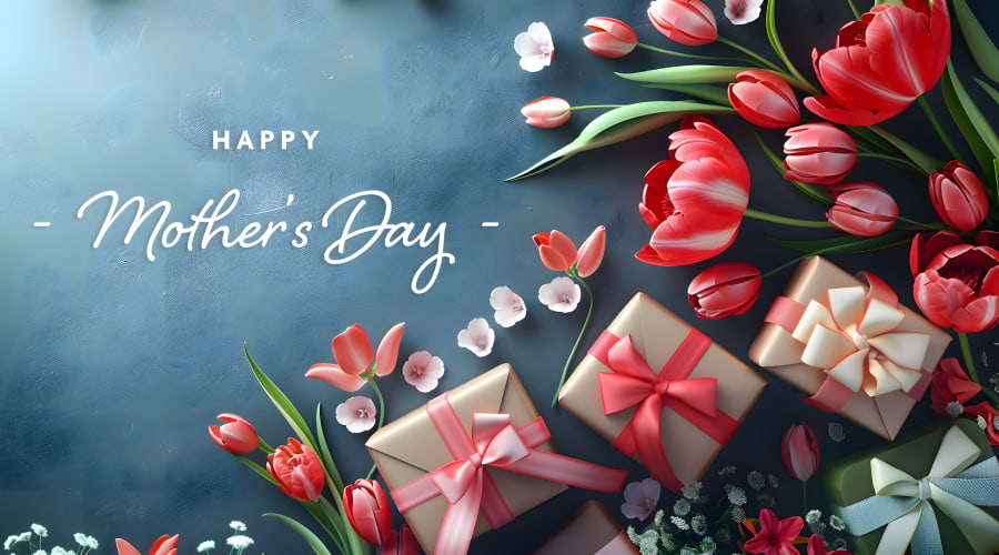 Mother's Day greeting with tulips and gifts