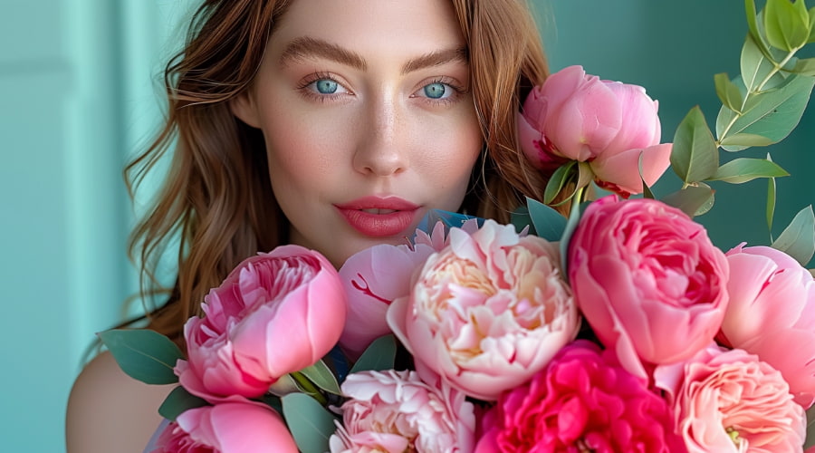 Woman with blue eyes holding a bouquet of pink peonies