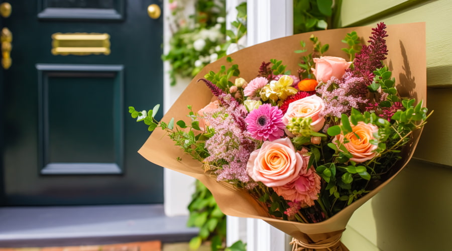 Flower bouquet on a doorstep