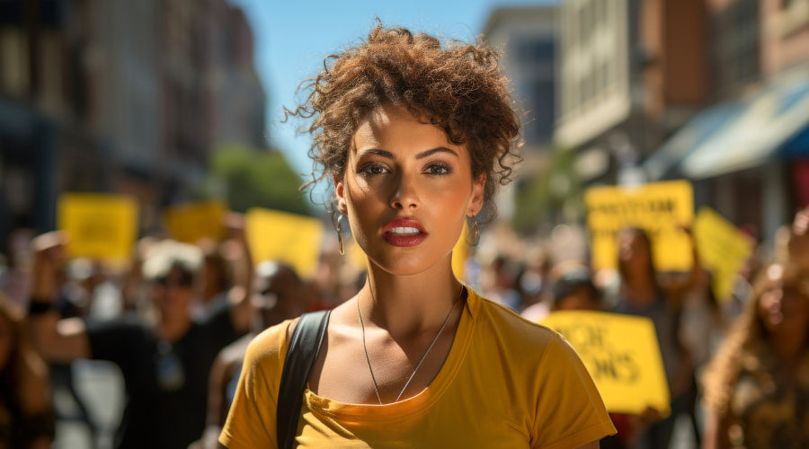 Woman at a protest with a crowd behind