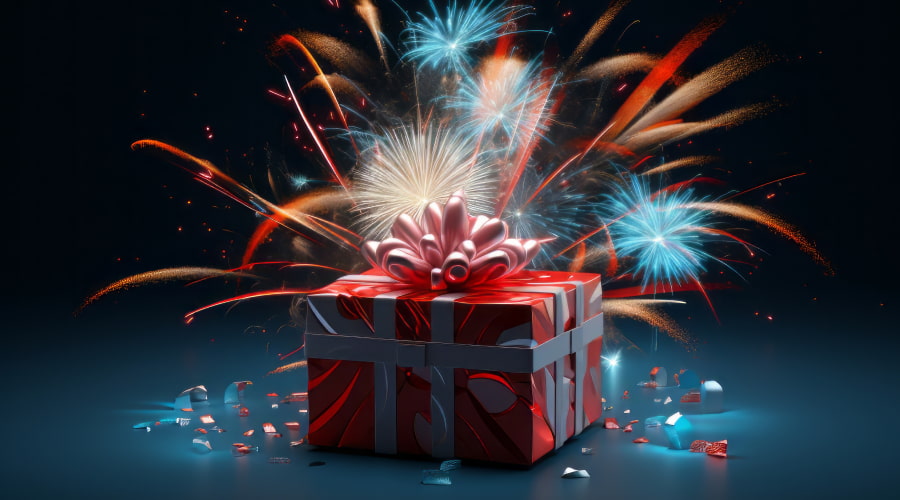 Exploding gift box with fireworks