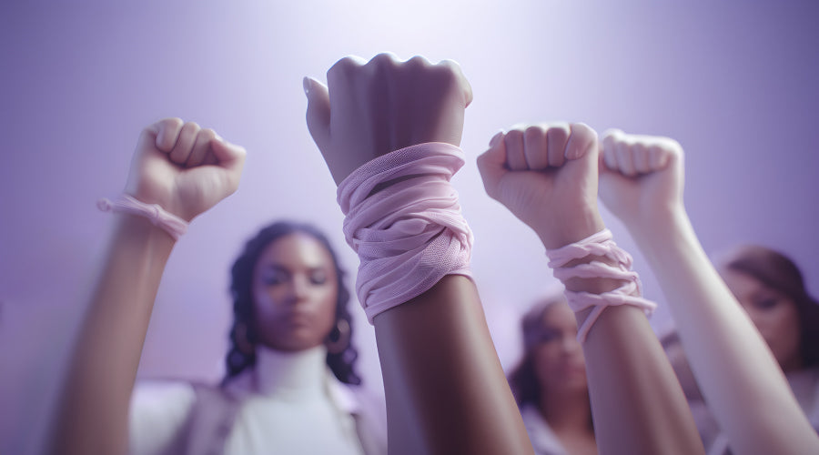 Raised fists tied with purple fabric