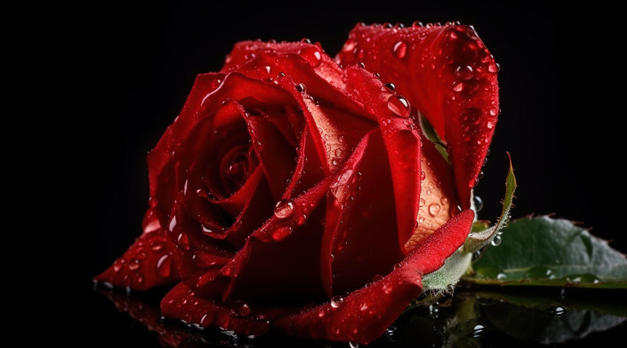 A red rose with dewdrops on its petals