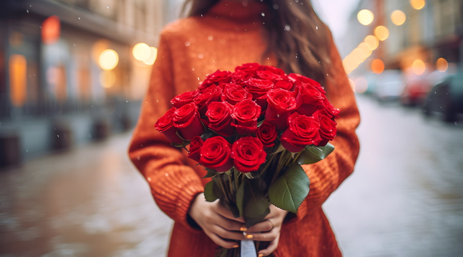 the girl is holding a bouquet of red roses