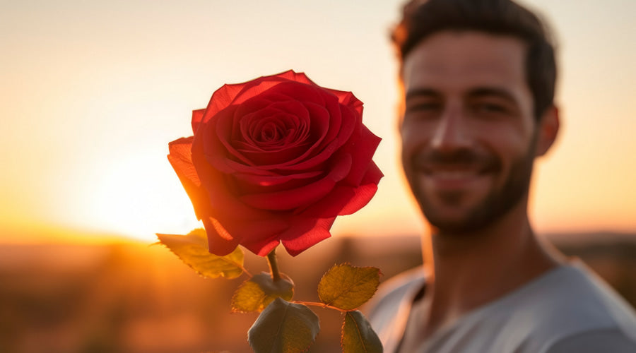 A smiling man holding a red rose with a sunset background