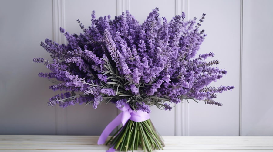 Vibrant purple lavender bouquet tied with a ribbon
