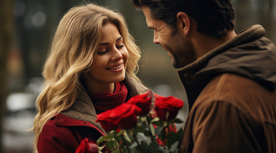 the guy gives the girl a bouquet of red roses