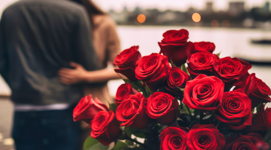 Couple hugging with red roses bouquet in front