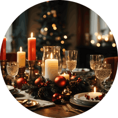 Festive table with candles, baubles, and a Christmas tree