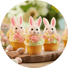 Three cupcakes decorated like bunnies with Easter eggs around them