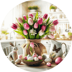 Tulips in a sack with Easter eggs and bunny