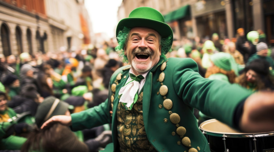 a man in a green suit in a St. Patrick's Day parade