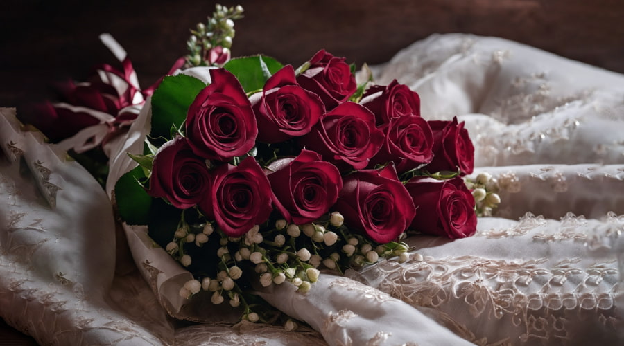 Wedding bouquet of burgundy roses on white lace fabric