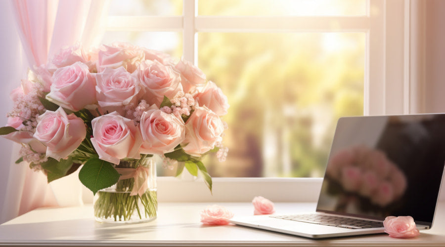 A vase of soft pink roses next to a laptop on a window sill