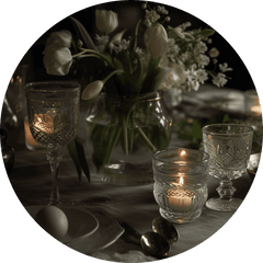 Intimate dinner setting with white tulips and vintage glassware
