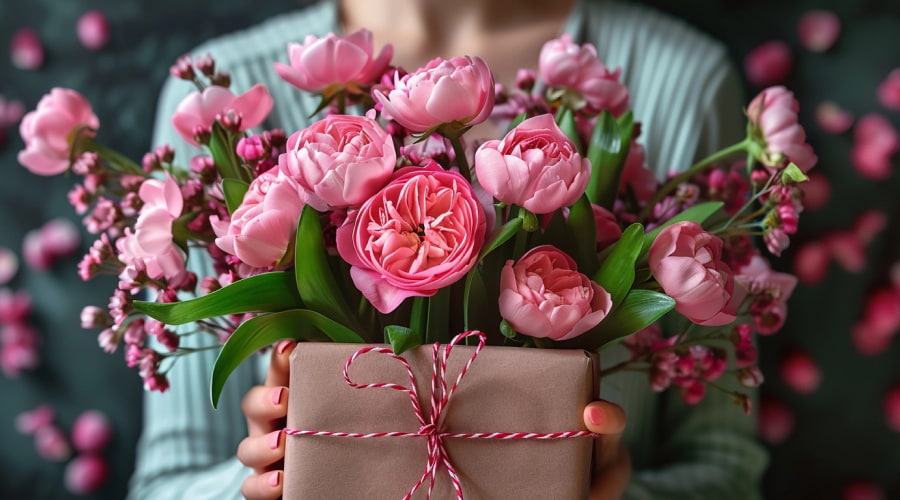 Hands holding pink tulips with a gift box