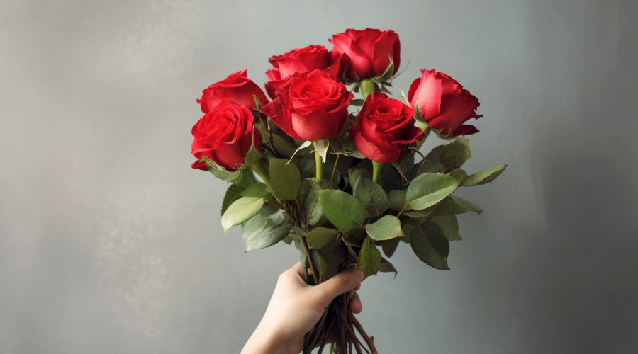 Hand holding a bouquet of red roses