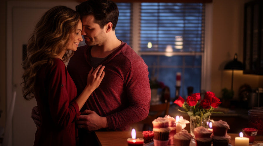 Romantic couple with roses and candles