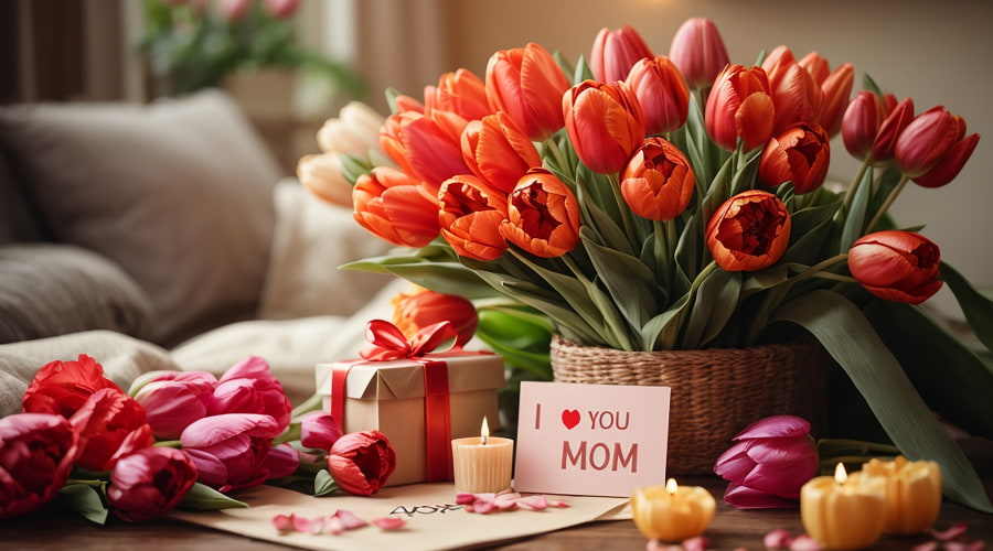 Basket of orange tulips with Mother's Day card