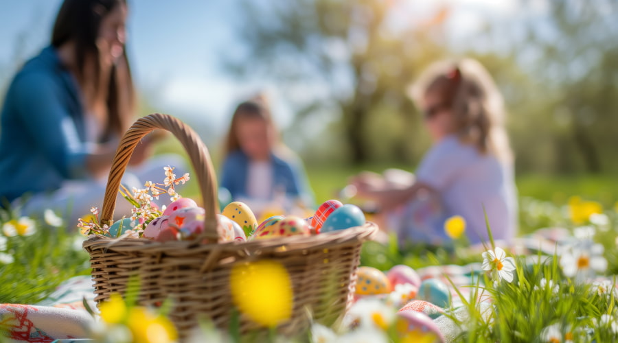 A sunny outdoor scene with a basket of Easter eggs on the grass