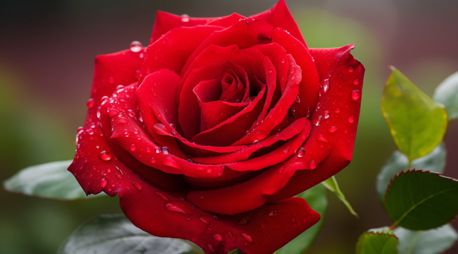 A vibrant red rose with droplets on the petals