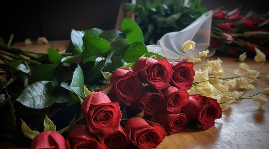 long red roses on the table