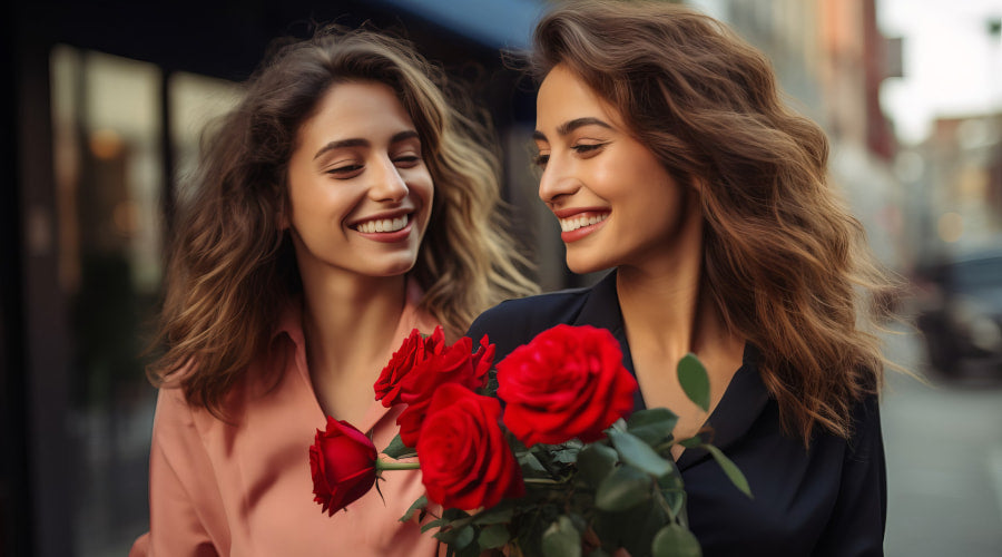 Two women smiling with red roses