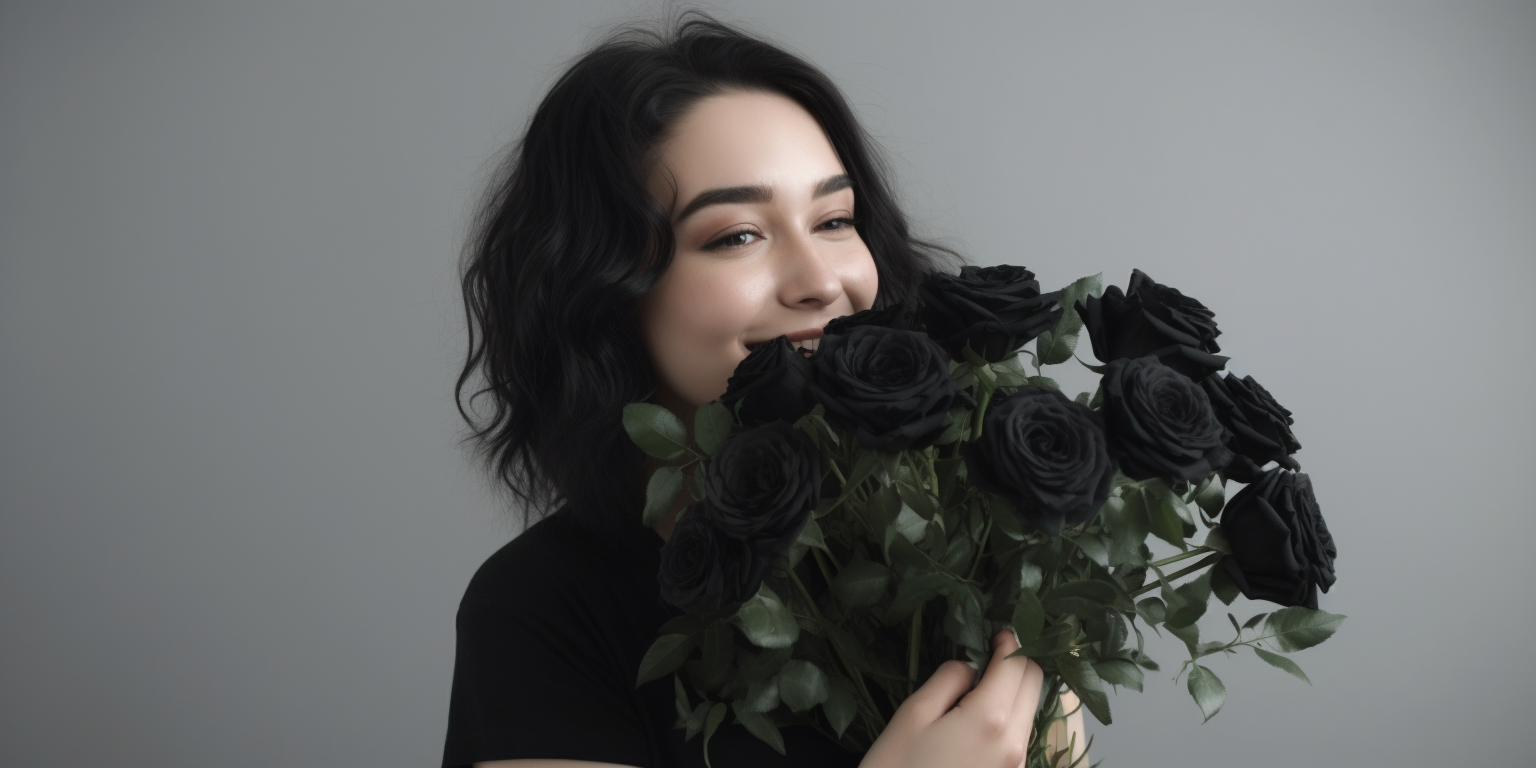 the girl is holding a bouquet of black roses
