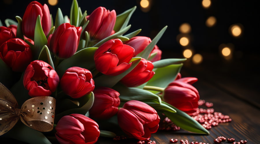Red tulips with gold ribbon and soft lights