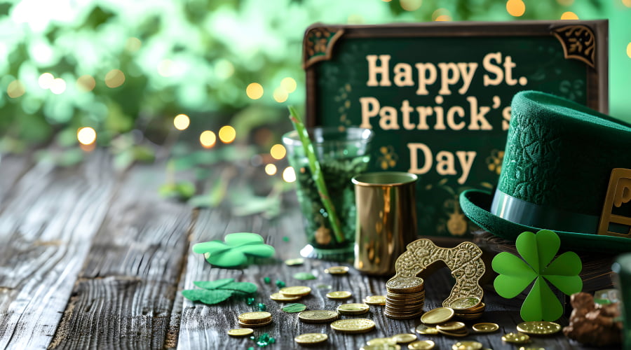 St. Patrick's Day setting with a sign, green hat, gold coins, and shamrocks