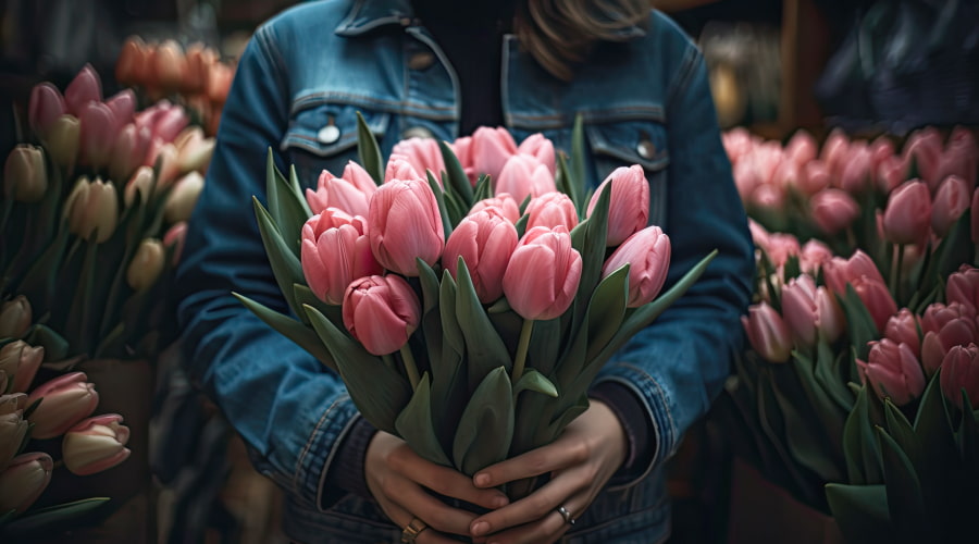 A person holding a bunch of pink tulips