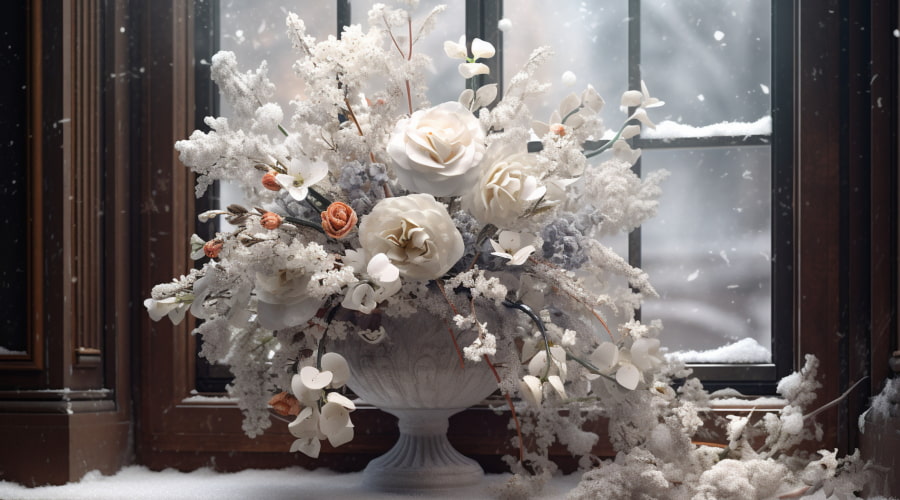 A wintry floral arrangement with white roses in a white vase