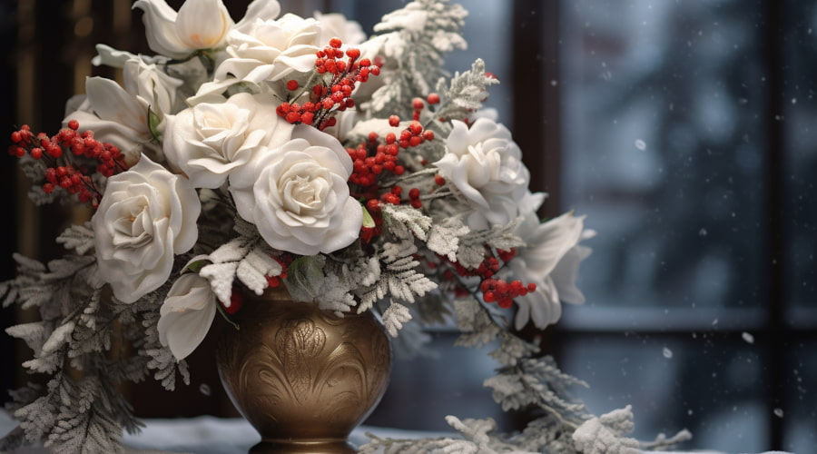 A bouquet of white roses and red berries in a bronze vase