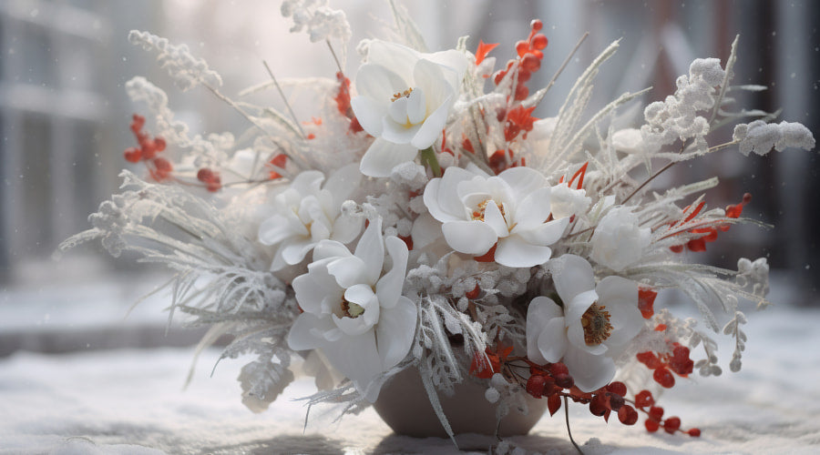 White orchids with frost and red berries in winter floral arrangement