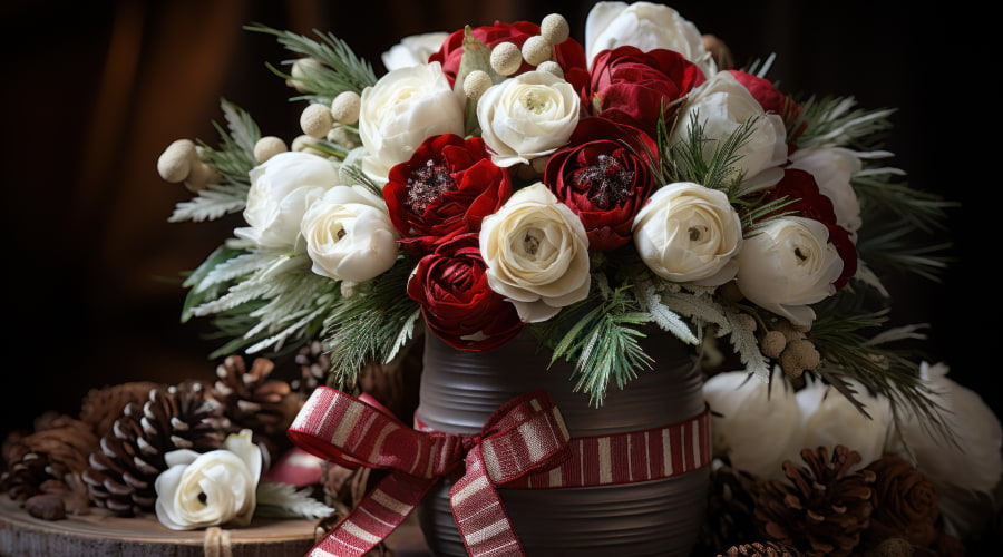 Festive bouquet with white roses and pine cones