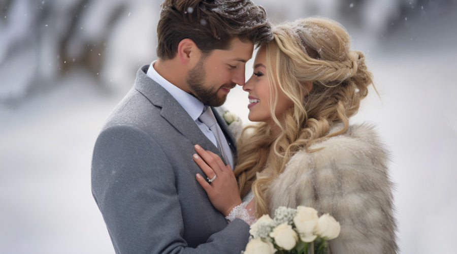 Bride and groom in snowy embrace with white roses