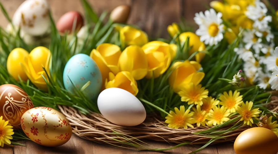 Easter eggs nestled in grass with yellow flowers