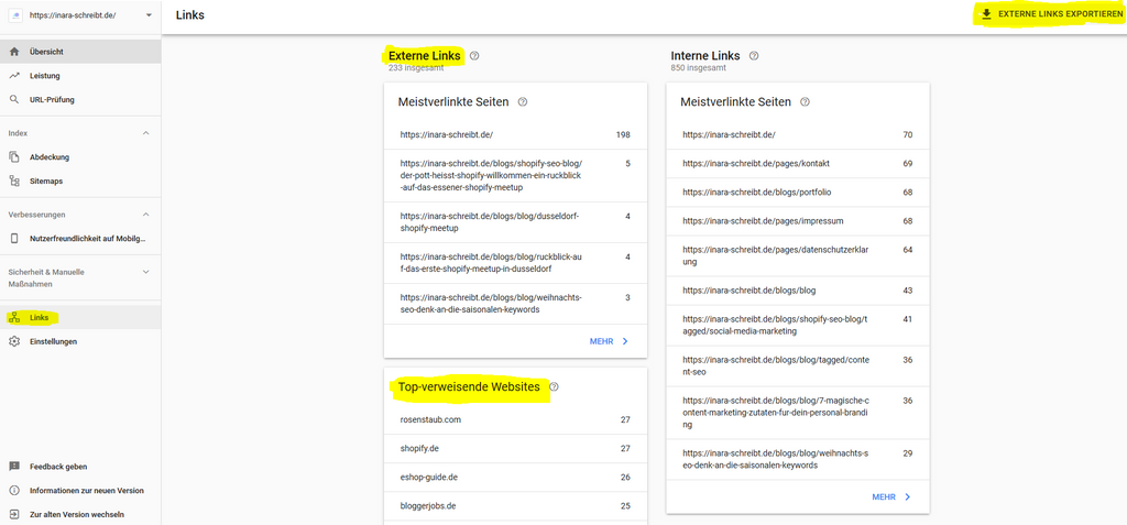 Zugang zur Link-Liste in der Google Search Console