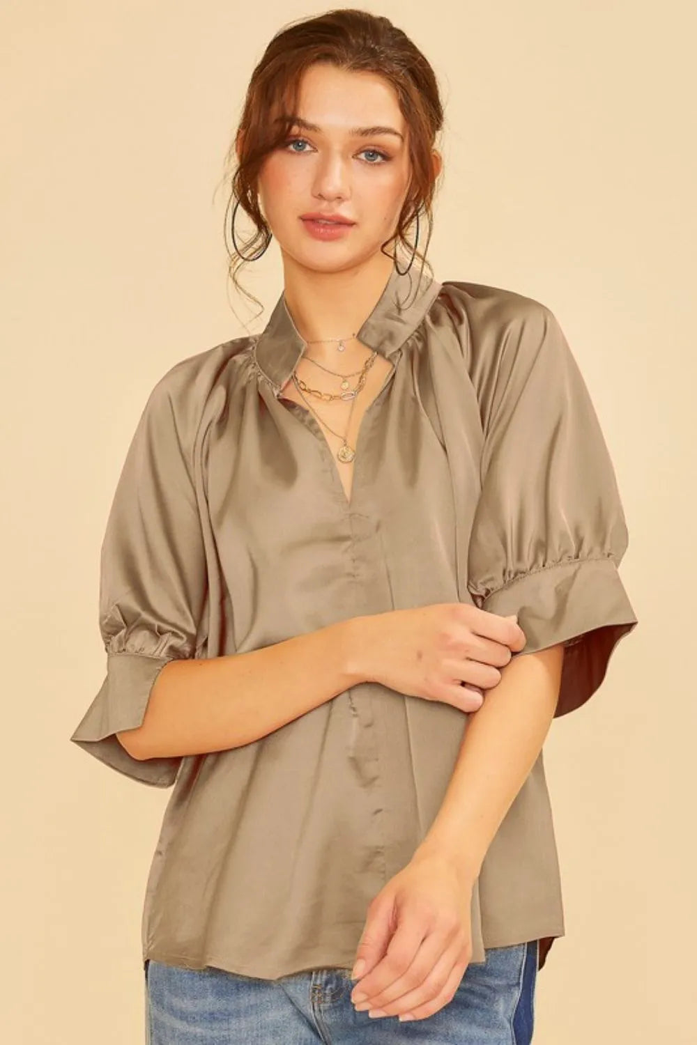 Annie Wear Satin Short Sleeve Woven Blouse