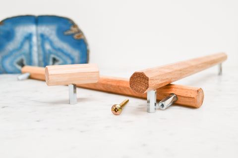 Geometric oak wooden drawer handles with silver standoffs