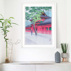 Kawase Hasui Japanese art print of a red shrine