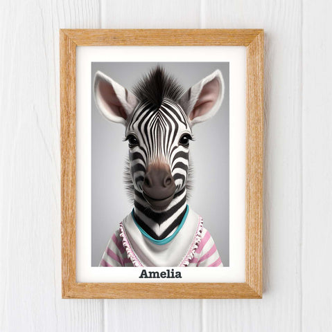 Framed zebra print on a white wall, realistic baby zebra in a jumper and bib