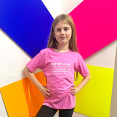 personalised printed t shirt meaning of daddy's girl modelled against a colourful background