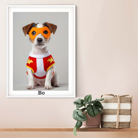 jack russell puppy in a superhero outfit personalised name nursery print