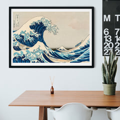 Hokusai great wave print in a black frame