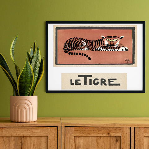 Le Tiger framed print, tiger nursery print on a green background