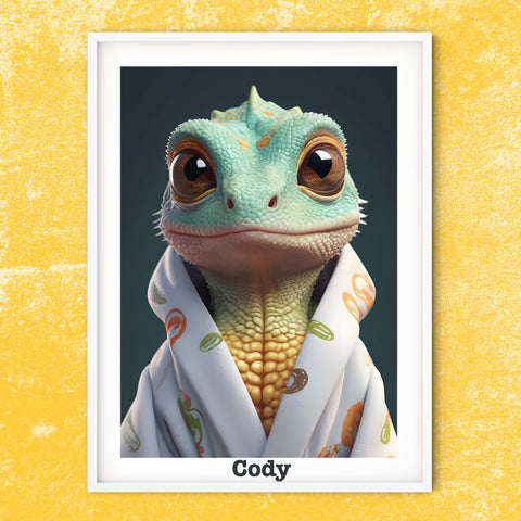 Baby dinosaur print, realistic dinosaur in a dressing down framed print on a yellow wall