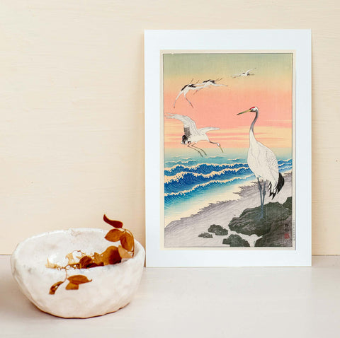 Ohara Koson cranes on the seashore Japanese Art Print