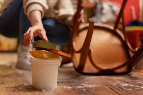 sanding furniture is key between paint coats for a good finish, picking up a sanding pad with furniture in the background